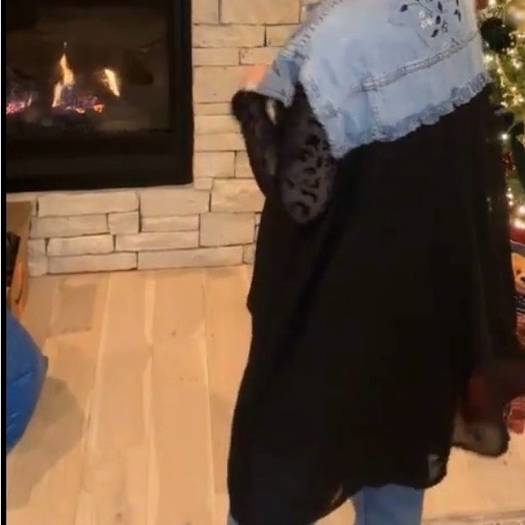 Sleeveless denim & black chiffon long sequin jacket duster high low custom flowy - Picture 4 of 14